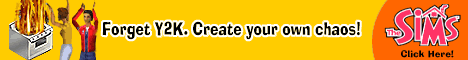 banner showing two animated sims screaming because of a burning stove on the left, with a text saying 'Forget Y2K. Create your own chaos!' in the middle and The Sims logo ob the right