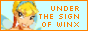 a button with a pixel art of Stella from Winx Club and a text saying 'Under the sign of Winx'