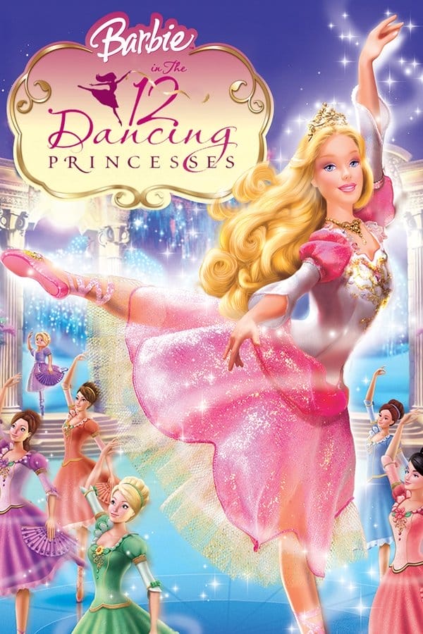 The poster for the movie 'Barbie in the twelve Dancing princesses'. An image of Barbie as princess Genevive, dressed in a dress with a white bodice with pink puffy sleeves and a matching pink skirt. She is also wearing matching ballet slippers and is seen in a mid-pirouette pose. Behind her are her sisters from the movie, wearing similar dresses, but more monochromatic; in green, purple, and orange to Barbie's left, and in blue, and salmon-pink to her right. All of them are seen doing a ballet pose with one of their arms above their heads and the other holding a fan which matches their dresses. One of Genevive's youngest sisters is doing the same pose as the rest of them but is positioned in a gazebo which is glowing golden. Just behind Genevive is the title of the movie. The Barbie logo is on top and below it is the rest of it written in a magenta script font. The title is positioned on an ornate shape, the colour of which is a gradient from pink to golden.