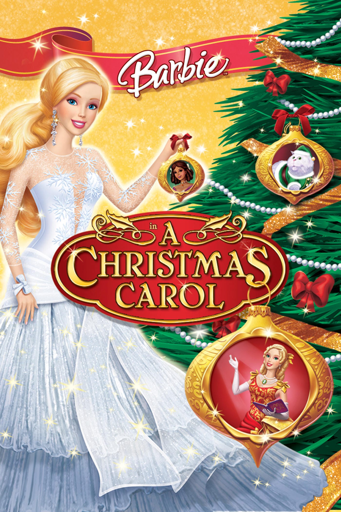 The poster for the movie 'Barbie in the Christmas Carol'. An image of Barbie in a white gown next to a Christmas tree. The tree has pearl and gold strings, as well as red bows on it, along with a gold ornament with an image of Chuzzlewit the cat in a green Santa outfit. Barbie is putting the gold ornament with an image of Catharine on the tree. Behind Barbie and the tree is the Barbie logo on a red string lined with gold, and in front of them is text saying 'in A Christmas Carol' with a few sparkles on it and a slight gradient to mimic gold. It is positioned on an ornate red shape. From the 'S' in 'Christmas' hangs an ornament with an image of Eden, the main character of the movie.