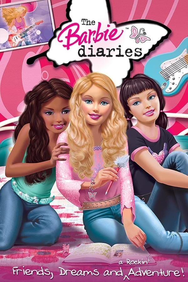 The poster for the movie 'The Barbie Diaries'. It shows a teenage Barbie holding a pen with a fluffy tip, wearing a bracelet with a butterfly charm. Her free hand is touching a page in the diary that open in front of her. To the left of her is her friend Tia who's holding her arm and peaking over her shoulder. To her right is her friend Courtney who is leaning her head towards her and looking at her. The three friends are sitting on a bed with a floral sheet. The wall behind it is covered in curves coloured in various shades of pink. On its left side is a photo of Barbie playing the guitar, and on the right is a powder-blue guitar. The movie title is in between of these positioned on a white shape of a butterfly. The words 'The' and 'diaries' are written in black typewriter-like font. 'Barbie' is written in hot-pink handwritten font.