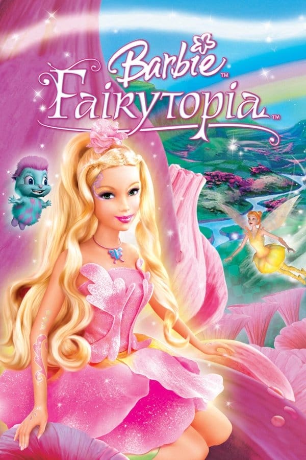 The poster for the movie 'Barbie Fairytopia'. In the front is Barbie as Elina, wearing a light-pink flower-inspired dress with a skirt made of petals. Next to her is her teal puffle, Bibble, who has purple hair on his head and matching dots on his torso, as well as purple feet. Elina is sitting on a pink Peony. Her friend Dandelion is flying behind her and is wearing a yellow dress with flower petals on the skirt. Behind all of them are meadows, hills, and mountains with a few pink flowers, as well as a river flowing through them. The movie title is behind Elina. The 'Barbie' logo has a flower shape instead of a dot on the 'i', below it, the word 'Fairytopia' is written in a scrip font. The title is white with a thin pink outline.