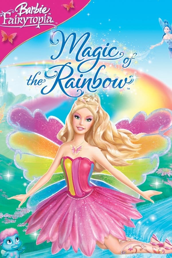 The poster for the movie 'Barbie Fairytopia: Magic of the Rainbow'. Barbie as Elina takes up most of it. Her fairy wings are made up of different-coloured hroizontal stripes. Lilac is on top, then orange, then lime, then dark green, athen sea-blue, and finally purple. She's wearing a dress who's bodice is also made up of different-coloured stripes, but vertical. On the far left is light-green, then yellow, then lilac, then hot-pink, then sea-blue. Her skirt is hot-pink and made up of a lot of thin, long flower petals, flaring out like a ballet skirt. On her feet are hot-pink sandals which have light-green and hot-pink vines going up her legs. Her wings emit a rainbow which gets thinner the farther away it is in the picture. It leads to the crytsal palace which is barely visible to the far left of the poster. To the bottom-left of Elina is Bibble, and to the top-right is the fairy Lumina. She is seen from her torso up. Her hair is sky-blue with a single pigtail and she is wearing a dress with a powder-blue bodice with darker-blue swirls. Her arm is outstretched and from it is flowing glittery magic which is gathered around the title of the movie. The title text is written in a sky-blue script font. In the top-left of the poster is a text saying 'Barbie Fairytopia' in a white script font with a faint lilac outline. It is positioned on a pink graphical element which is curved to fit the poster and has two pink butterflies on it. Behind Elina is a meadow in Fairytopia covered in pink flowers, as well as a flowing river.
