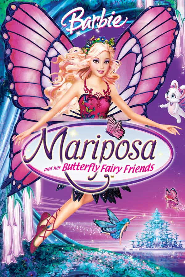 The poster for the movie 'Barbie Mariposa'. Mariposa takes up most of it. She has light-blonde hair with faint pink streaks, on her head is a hairband if green and blue flowers and butterflies. Although most of her outfit is covered by the movie title, it looks like she's wearing a dress with a hot-pink bodice adorn with green, blue, and purple butterflies, as well as a black skirt with pink dots (maybe sparkles) which could be made up of long, narrow flower petals. Her shoes are muted-pink lace-up slippers with a dark-green trim and muted-pink laces going up her legs. Her fairy wings are quite large and butterfly-like. As such, they have black or dark-purple lines on them which separate them in various segments. The segments are dark-pink on their edges and light-pink in their centers. Around the edges of her wings are multi-coloured dots which are pastel-orange and greyish-purple. Next to Mariposa, to the right, is the white flying bunny, Zinzie, who's wings are purple and pink, and who has one bow on each of her long ears, making them look like pigtails. Mariposa and Zinzie are framed by a tree with light-blue bark and glowing hanging flowers. Behind them are Mariposa's friends Rayla and Rayna. Rayla has deep-blue hair and outfit, while her wings are a bit purple at the very center and become mostly light-blue towards the edges. Rayna has hot-pink hair and outfit and her wings are mostly hot-pink as well. Behind all of them is a purple nigght sky and a palace glowing blue. The title of the movie is at the very center of the poster and held in a white oval shape with a 3D purple outline with red and blue light-effects. The word 'Mariposa' is written with a purple script font with a faint yellow glow. The words 'and her Butterfly Fairy friends' are written in a hot-pink serif font. Above the 'p' in 'Mariposa' is a butterfly with a purple body and pink wings.