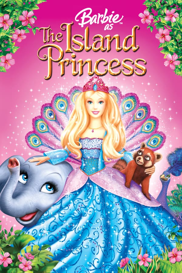 The poster for the movie 'Barbie as The Island Princess'. Barbie as Ro takes up most of it. She is has a hot-pink tiara with a light-blue gem in the center. She's wearing a sky-blue ballgown. It's bodice has three layers of blue fabric on top of each other. Each layer has a hot-pink trim on top and little dark-blue dots. Each layer is of a darker shade than the other, the darkest one being the third. The dress has long blue sleeves that flare out at the bottom. The skirt is sky-blue and has dark-blue swirls and small pink dots on it. On top of the skirt are two pieces of sheer pastel-pink fabric. Attached to the back of the dress are peacock feathers which are light-pink in the center and hot-pink on the edges. Their central lines are deep blue and on top are ivals of green, yellow, pastel blue, and dark blue. The feathers are arranged into a shape like a hand fan. To the left of Ro is elephant Tika. Ro is touching the top of her head with one hand. To the right of Ro is the red panda Sagi whom she has her other arm around. Behind and on the far right is the peacock Azul. All the animals are looking up at Ro. They are all framed by lush green bushes with pastel-pink flowers. They are poking out of each corner of the poster. The Barbie logo and the word 'as' in the title are white, white the words 'The Island Princess' are golden, embossed, and have a drop-shadow to create an illusion of gold. The background is a gradient with dark pink on the very tio which goes to pastel-pink towards the center of the poster. Ro is surrounded by white sparkles.
