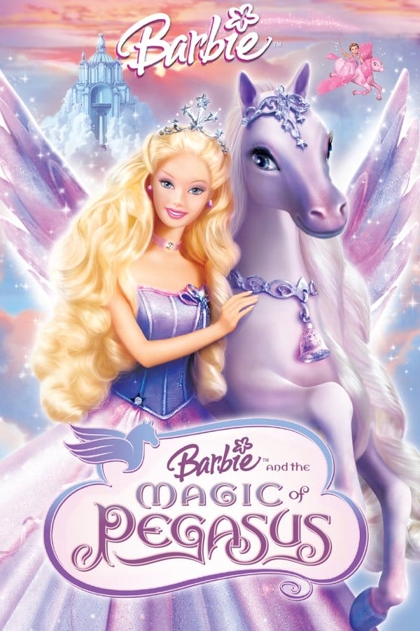 The poster for the movie 'Barbie and the Magic of Pegasus' Barbie as princess Anika and her sister Brieta are taking up most of it. Anika is to the left of her sister and is wearing a silver tiara with star-shaped points. Her dress is a princess gown with a lilac bodice that has a pink trim on top and light-blue vertical lines going across it. On the top right of her bodice is a light-blue star with a pink bow under it. On the bottom left is a small dark-purple star with a white gem in its center. Her skirt flares out and is a gradient of dark purple on top and light purple and lilac on the bottom. Brieta is in her light-purple pegasus form. She has a long light-purple mane flowing down her head and is wearing an ornate silver headpiece on her forehead and top of her snout, with star shapes. Her necklace is also silver and has a bell hanging from its center, which is light-pink and lilac. Her feathery wings are spanning the entire width of the poster and have a multitude of shades of purple, blue, and light-pink. Behind them is a girl on a pink pegasus, as well as a white palace in the clouds. They all are amongst clouds during sunset or sunrise, as the Sun is making the sky orange at the very top of the poster. The Barbie logo appears twice. Once at the top center of the poster in white, with a sharp hot-pink drop-shadow. The second time is at the bottom-center as an element of the movie title, where it is purple, along with the words 'and the'. The words 'Magic of Pegasus' have a gradient from light-purple to dark-purple on them. The word 'magic' is the lightest, with the word 'Pegasus' starting from light purple at its top and dark purple at its bottom. The words 'and the Magic of Pegasus' are written in a medival-like script font. The movie title is positioned in a white cloud-shape with a thick outline who's colours ar a gradient from pastel-blue to dark-purple. On its top-left is a shape of a pegasus in matching colours.