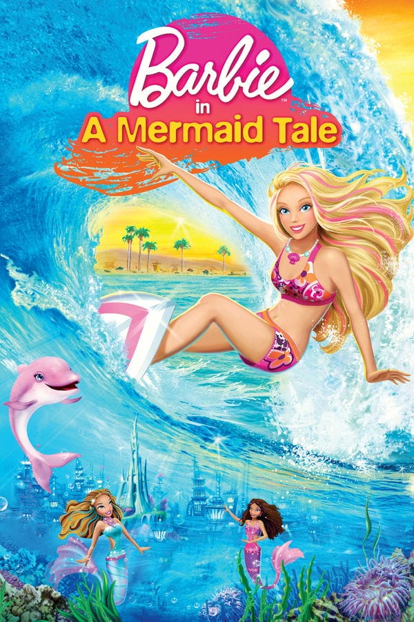 The poster for the movie 'Barbie in A Mermaid Tale'. Barbie as Merliah takes up most of it and is positioned in its center. She has pastel-pink highlights in her blond hair which is blowing in the wind. She is wearing a white necklace with a hot-pink shell in the center and two teal pearls on each side. She's shown surfing and is wearing a two-peice swimmsuit which is hot-pink with light-orange flowers, dark-purple dots, and white swirls on it. Her surf board is white with a pink stripe near the top. The wave she's riding is going around and behind her like a tunnel. Behind the wave is a sandy beach with palm trees. The sky in the background is sunset-coloured. Underneath the wave we can see a pastel-pink dolphin with a white underside, named Zuma who is looking towards the surface at Merliah and smiling. At the bottom of the poster are two mermaids named 'Kayla' and 'Xylie'. Kayla is nlond with brown and sea-blue streaks in her free-flowing her. She has a pastel-pink necklace and is wearing a sea-blue strapless top with cutouts on the sides. Her tail is a gradient of light-blue and pastel-pink. Her fin is mostly pastel-pink with some sea-blue in the center. She has a hot-pink belt. Xylie's hair is also free-flowing but is brown pink pink highlights. She's wearing a pink strapless top and her tail is lilac with a horizontal hot-pink stripe. Her fin is pastel-pink. The mermaids are looking up towards the surface towards Merliah. Xylie is waving. Behind the mermaids is a city with lots of tall buildings which are mostly sea-blue. The bottom right and left corners of the poster have some coral reef poking out of them, framing it. . The Barbie logo is the largest in the movie title, shown in white, while the word 'in' is under it, written in a white sans-serif font. the words 'A Mermaid Tale' are shown in an orangey-gold sans-serif font. The title is positioned onto a silhouette of a sunset behind the sea, which is coloured wirh a graident from hot-pink to orange.