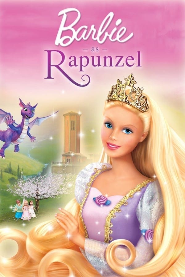 The poster for the movie 'Barbie as Rapunzel'. Barbie as Rapunzel takes up most of it and is positioned along its right edge. She's seen from waist up and has long blonde hair which flows from her haid and along her sides, spanning the entire width of the poster. Rapunzel is wearing a golden princess tiara and a ballgown. Her bodice is made of three vertical panels: one in the center and two presumably identical ones on its sides that are connectied to the sleeves. Only one of the side panels is visible with the way Rapunzel is turned to the viewer. The central one is pastel-pink and has a sweetheart neckline and a small rose in the top center with two small green leaves on each side. A line of golden fabric is going along the seam that connects them with the central panel. The side panels are lilac. The gown's sleeves are puffy and opaque at the shoulders, becoming sheer and flaring out near the wrists. The sleeve that is visible has a small rose with green leaves wrapping around the arm where the sleeve starts becoming sheer. Rapunzel is surrounded by white sparkles. Behind and to the left of Rapunzel is the dark-purple dragon Penelope who's waving and smiling at Rapunzel. She has an almost-whiote purple underbelly with the underside of her wings matching. On the green meadow behind and underneath Penelope are three little girls, close together, standing under a tree with pastel-pink leaves The girl to the right has red hair in a bun and is wearing a gown with a light-green top and a teal skirt. On her back are fanned out light-green feathers. The girl in the center has blonde hair and is wearing a light-pink gown. The girl on the right has dark-brown hair and is wearing a white gown. Behind all of them stands a tall washed-out-pink castle with a large tower that is a bit transparent and glowing. The title of the movie is positioned at top-center of the poster on hot-pink clouds which are above the towerr. The Barbie ogo is white and has a soft drop-shadown, while the words 'as Rapunzel' are dark-purple. the word 'as' is small and has two hroizontal lines on each side. It is written in a serif font. The word 'Rapunzel' has a soft gradient which is magenta on the very top and dark-purple on the bottom. It is written in a serif font with the swoosh of the 'R' being elongated and curved at the end.