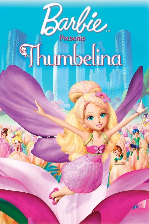 The poster for the movie 'Barbie presents Thumbelina'. Barbie as Thumbelina takes up most of it and is positioned at the bottom center. She is depicted more child-like than in the other movies. Her hair is the usual shade of blond with pastel-pink highlights. Some of it is done up in a bun while the rest is falling freely behind her. In her hair is a pastel-pink flower. She's wearing a dress with light-green straps. The bodice has two horizontal sections. The top section is hot-pink with a four-petal lilac flower in the center, while the one beneath is a lighter shade of pink. The skirt flares out and is the same lighter shade of pink with added sparkles. She's wearing flat hot-pink shoes with flowers on their toes and green straps going around her ankles. She is depicted as flying. Behind her are wings made from fput lilac flower petals. Two top petals are big and two bottom ones are smaller. The wings are attached to her by green straps going around her shoulders like a parachute. She is seemingly popping out of an open hot-pink flower with a pastel-pink inside. Behind her is a field of peach-coloured and pastel-pink tulips. Some of which have wingless people peaking out from behind them. Behind the tulip field are tall skyscrapers and behind them is a blue sky. The Barbie logo is shown in white while the word 'Presents' is smaller, hot-pink, and written with a serif font underneath it. The word 'Thumbelina' is bigger and written in a white script font witrh a thin hot-pink outline. The 'T' in 'Thumbelina' is elongated and curved to make space for a silhouette of a tiny girl sitting on it-