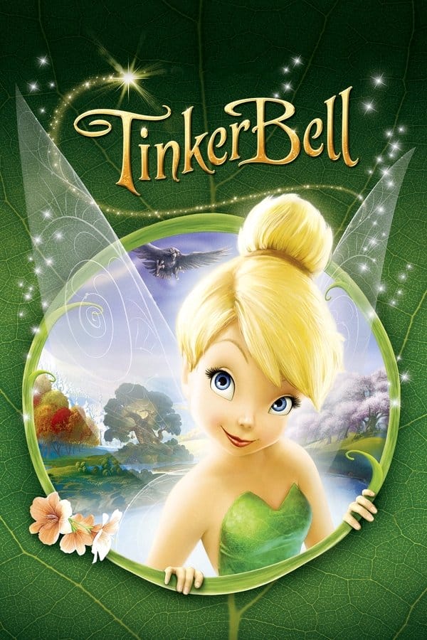 The poster for the movie 'TinkerBell'. The poster has a background that mimics the texture of a green leaf and its veins. In the center of it is a circle with a light-green border and small vines on its inner edge, from which Tinkerbell is popping out. She is visible from torso up, smiling and looking at the viewer. She has her blonde hair in a bun and is wearing a leaf-green dress. Her wings are semi-transparent and have thin intricate white swirls on them. Around their tips are white sparkles. Behind TinkerBellm in the circle, is a view of the four areas of Pixie Hollow, with the fairy dust tree visible through TinkerBell's right wing. A grey hawk with it's talons stretched out to grab, can be seen in the greyish-blue sky. At the bottom-left of the circle, on it's edge, are three peach-coloured flowers with small green stems. Above TinkerBell is the title of the movie. It's colours are a gradient from white on the very top to golden on the bottom. It's written in a script font, who's strokes are curved. From behind TinkerBell's left wing to above the 'T' of the title leads a thin golden trail filled with white sparkles. It ends above the 'T' with a large golden glowing orb that's supposed to represent a pixie.