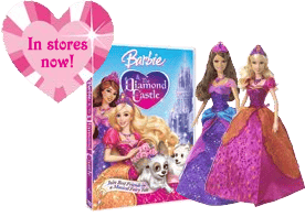 An image showing ad advertisment for the 'Varbie and the Diamond Castle' DVD and dolls. In the top left corner is a cartoon-like pastel-pink diamond shaped like a heart. On it is written 'In stores now!' in a hot-pink serif font. In the center of an image is a mock-up of a 'Barbie and the Diamond Castle DVD' and on the far right side of the image are the Alexa and Liana dolls, wearing hot-pink princess tiaras and the ballgowns shown at the end of the movie. Alexa's gown is sparkly and dark-purple with a light-blue fabric on the hips. Liana's is hot-pink with darker siwrls on it, and an orange fabric on the hips and coming down its sides.