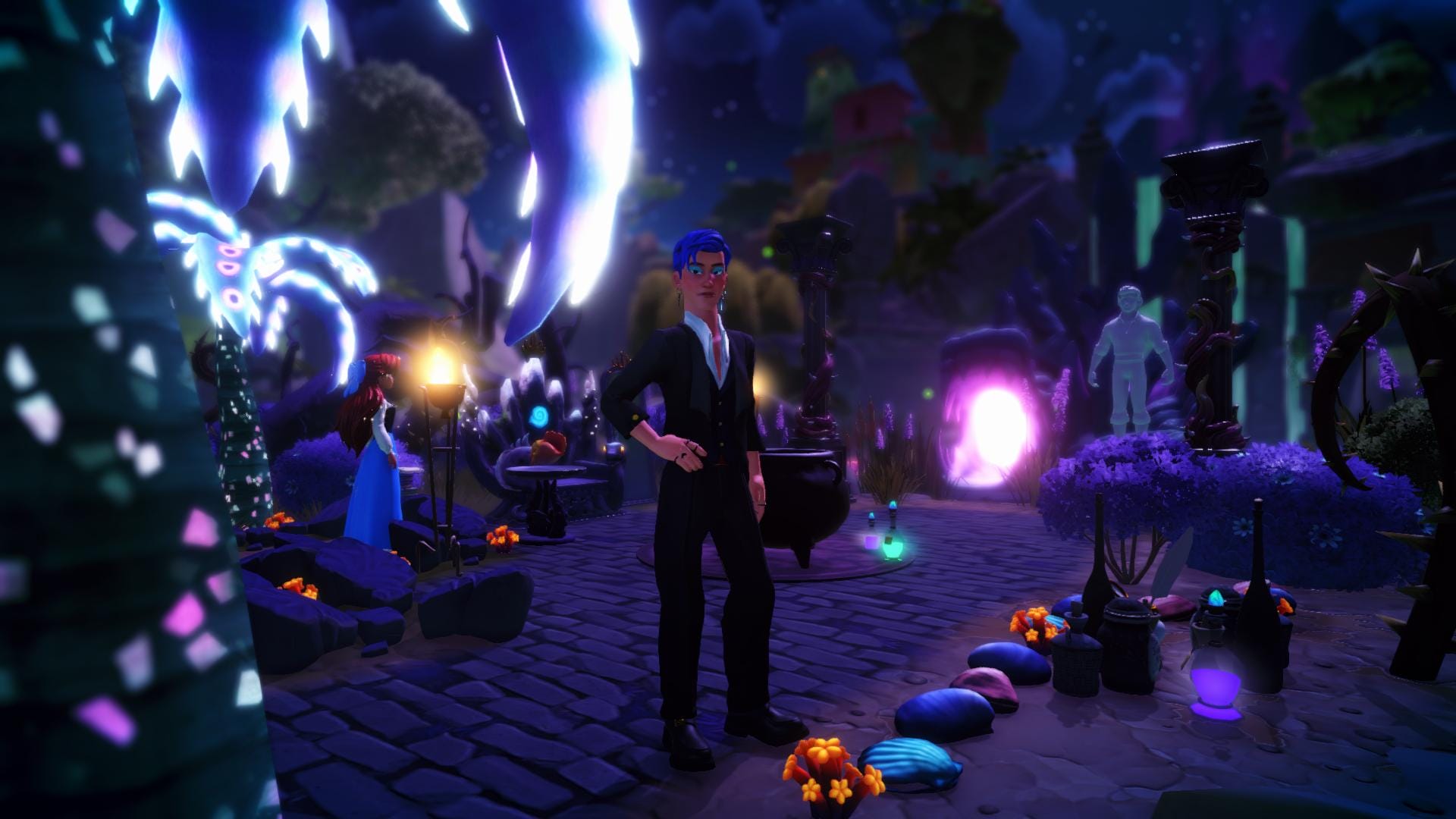 The pathway in front of Ursula's cave. Ariel is trapped in a stone circle off to the side. There is a cauldron with potions next to it in the center of the path, as well as the statue of Eric next to the cave. The player character is standing close to the camera on the edge of the path, dressed in a black suit, pants, and dress shoes, wearing blue eyeshadow like Ursula does. His hand is on his hip and he's looking at the camera menacingly.
