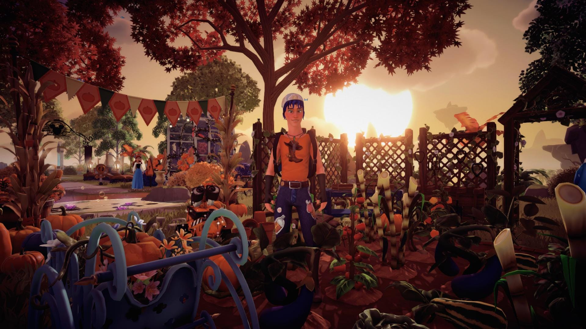 The player character standing in the middle of a Walle's garden which is full of plants ready for picking. He is dressed in a tank top and jeans, with a bandana on his head and gloves on his hands and he's smiling. Walle's looking up at him. The Sun is setting, bathing the image in golden light.