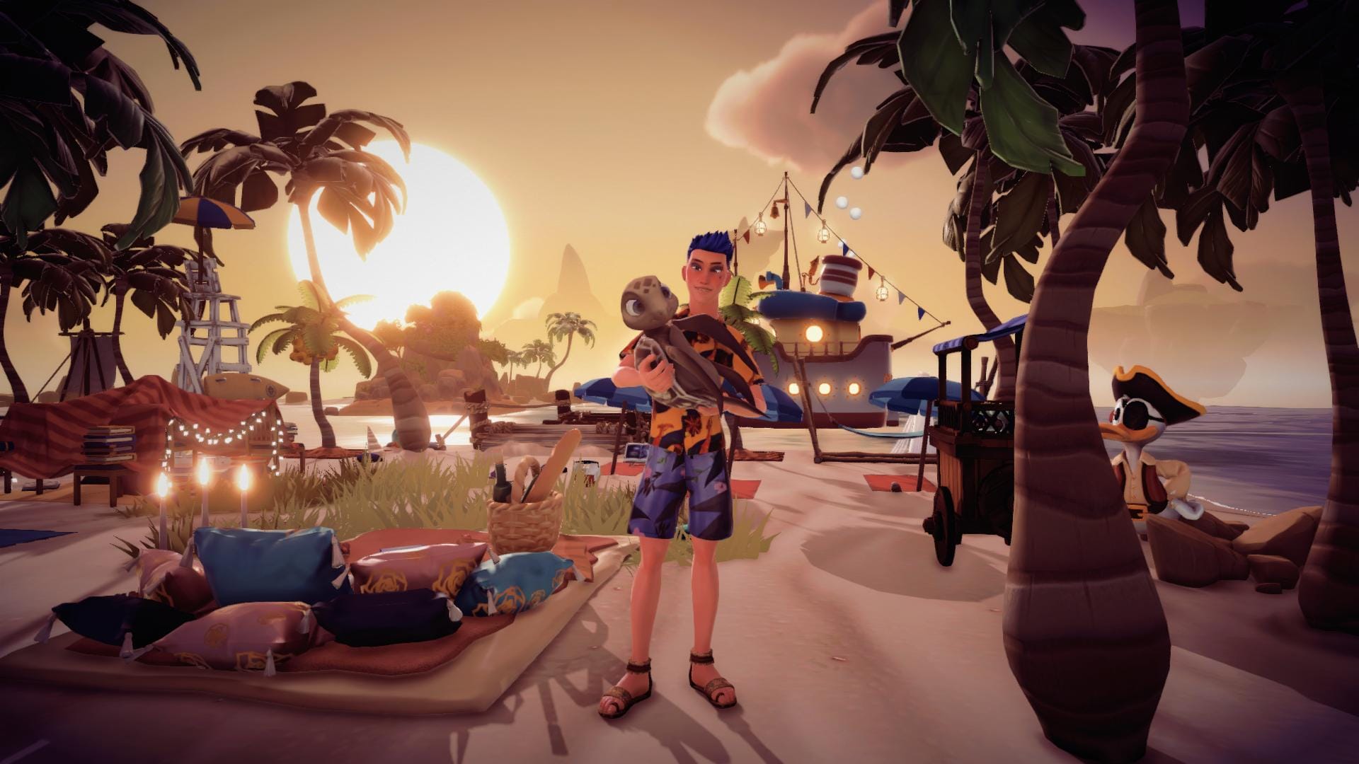 The player character dressed in a tropcial shirt, shorts, and sandals, holding his turtle companion in his arms as it's smiling at the camera. They are standing in Dazzle Beach which is full of spread out beach towels, picnic blankets, and palm trees. Donald is to the side, dressed as a pirate, selling ice cream at a stall. The Sun is setting, bathing the image in golden light.