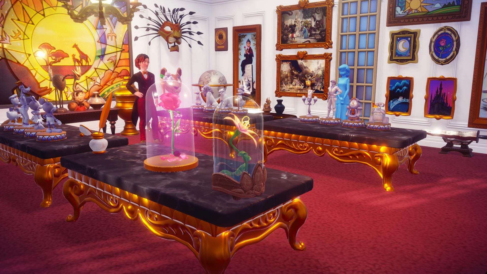 A museum-like room. It has two rows of tables with various objects on them. There are many paintings on the walls, and sculptures along one of the visible walls. The player is standing in front of a big stained glass window. His hair is black with red bangs and he is wearing a red suit with a black vest which has two long coattails.