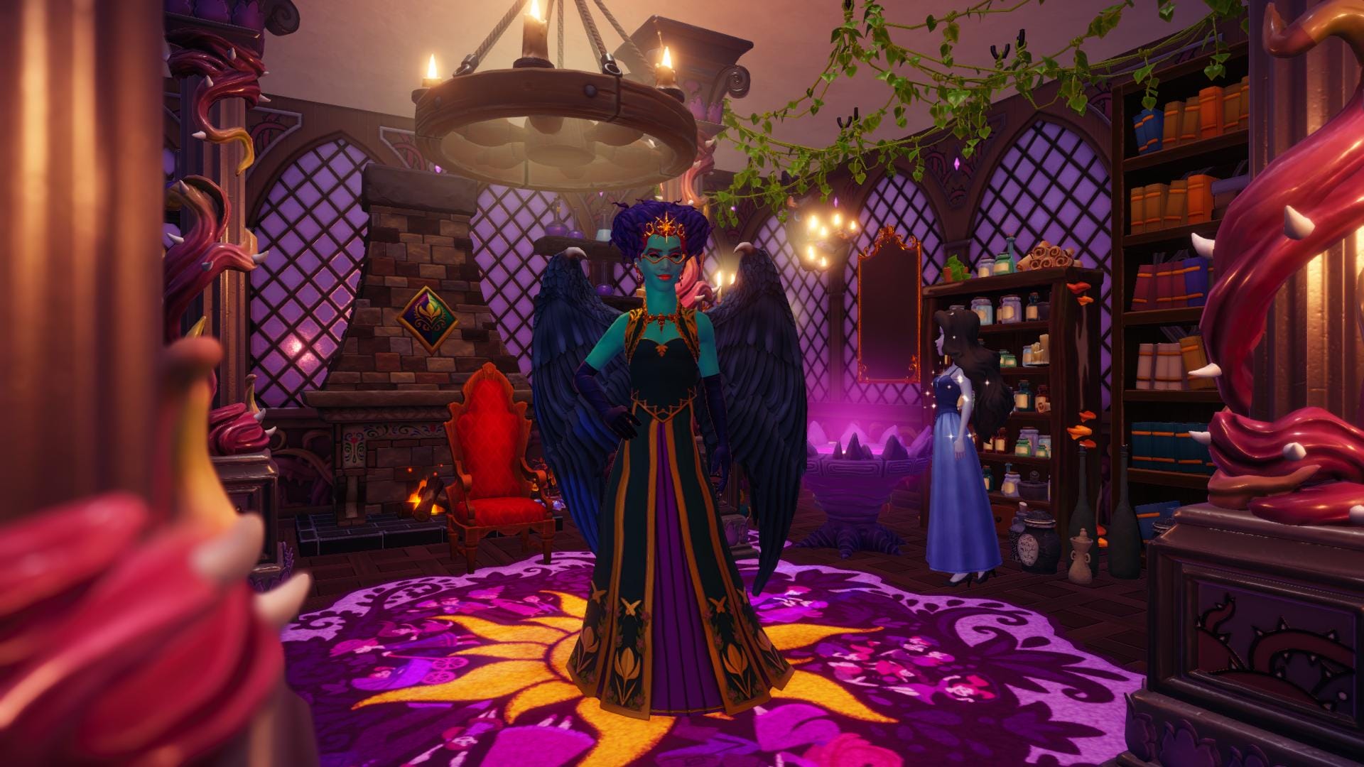 The player character standing in the center of a witch's labaratory. He is wearing Anna's dress from frozen, his hair is done like Winifred's from 'Hocus Pocus' but is blue and red. He has giant Maleficent wings and long black gloves. He is framed by thorny pillars. Behind and tro the side is Ursula as Vanessa, staring into her cauldron.