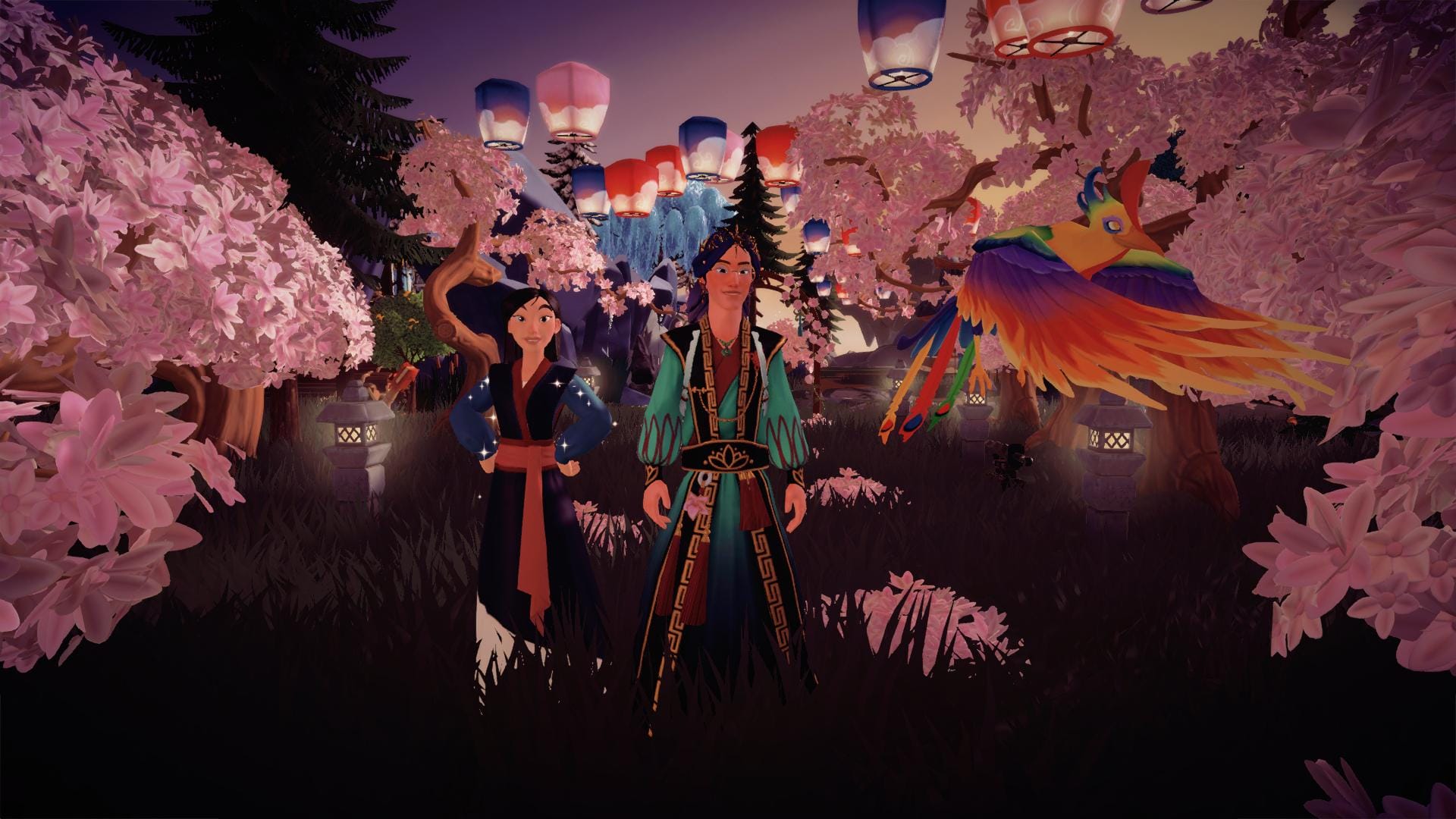 Mulan and the player character standing in the Forest of Valor with cherry blossom trees to either side of them. There are piles of cherry blossom petaks on the floor, and paper lanterns floating in the sky. A rainbow-coloured phoenix is flying close to the camera.