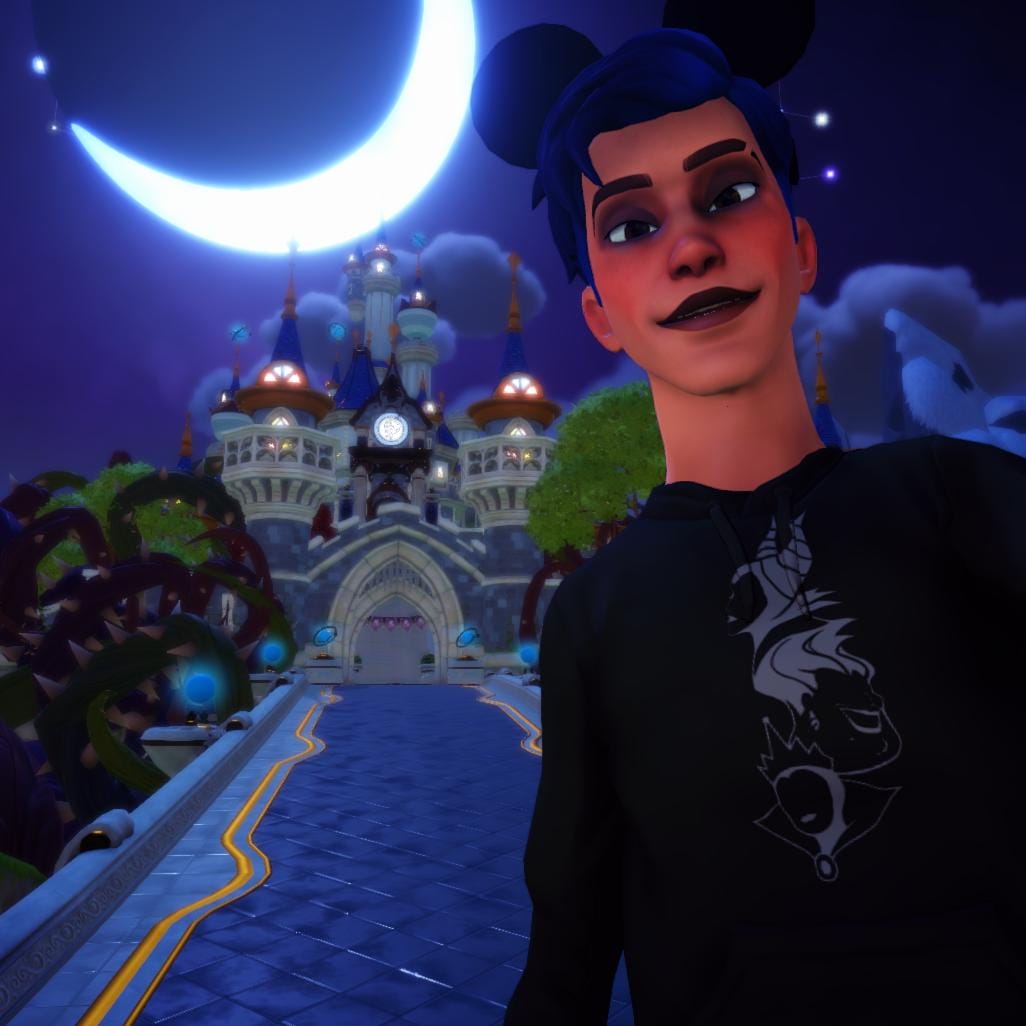 A selfie of the player character in front of the Dreamlight Castle. There is a big crescent Moon in the night sky, coming out from undrneath one of the castle towers. The sky also has some fluffy clouds and constellations.
