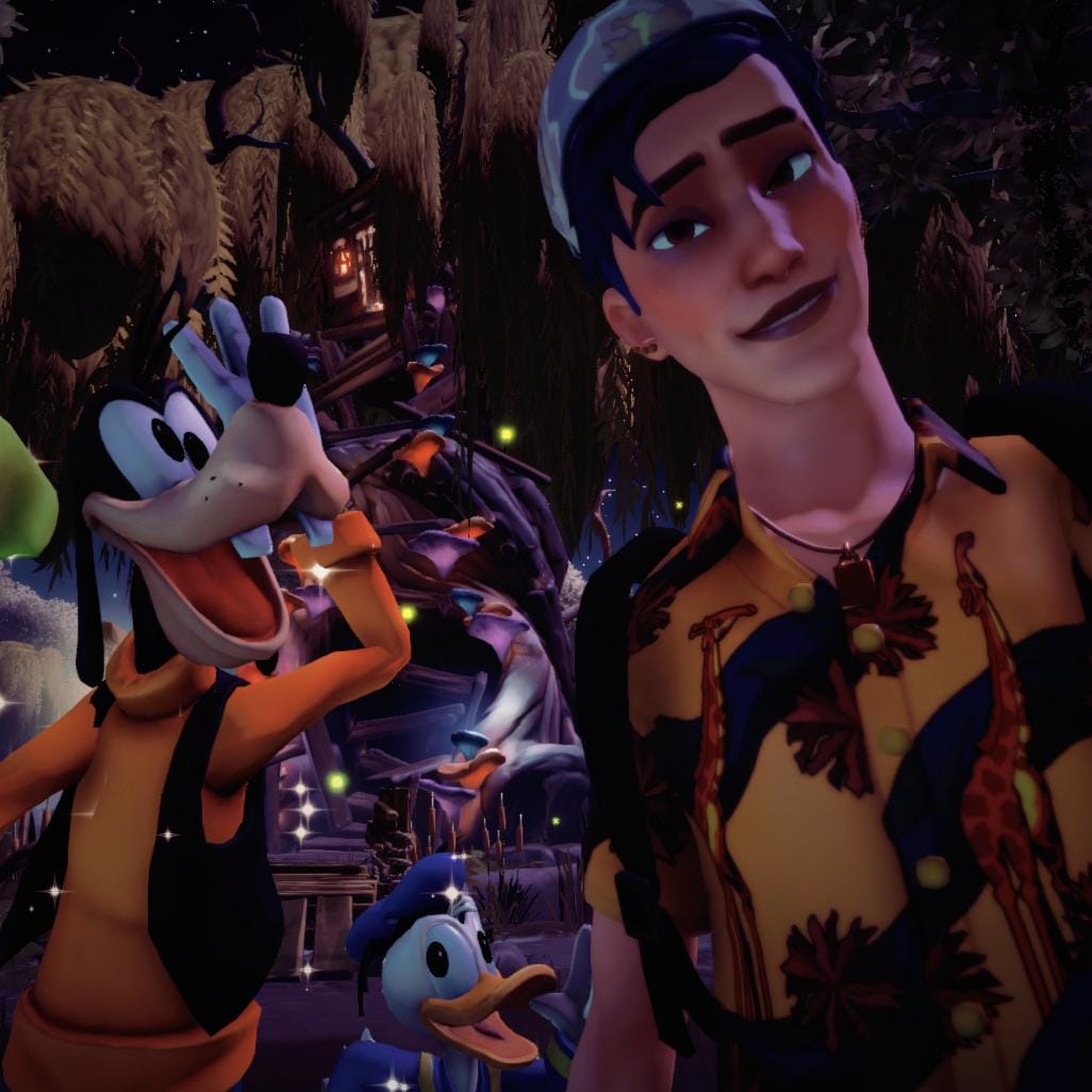 A selfie of Goofy, Donald Duck, and the player character in front of the Giant Willow. Goofy is making a funny face where his eyes are crossed and one is higher than the other, his hat looks like its flying off his head. The player is smiling awkwardly as if to say 'What the hell is goign on?'.