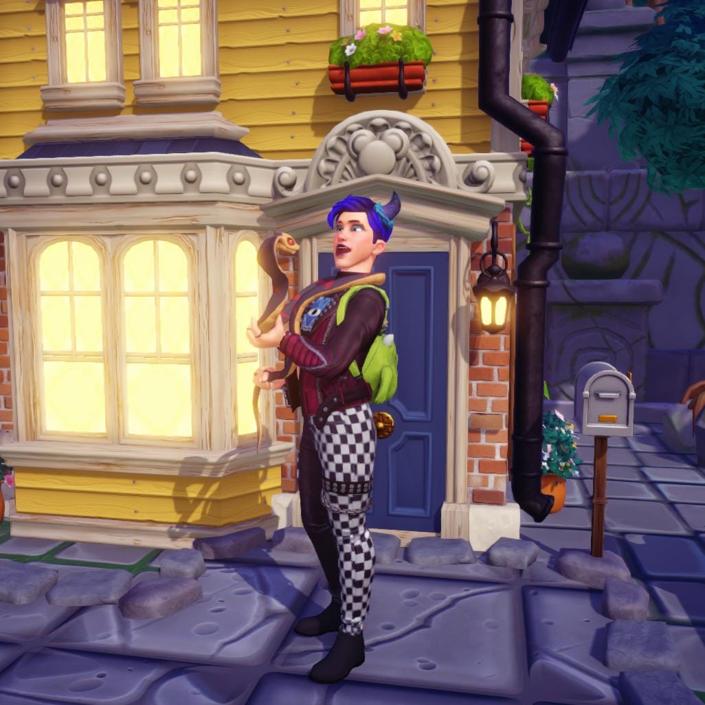 The player character looking excited and happy as he is holding his snake companion in his arms. The snake is smiling back cutely. They are looking at each other, being very happy