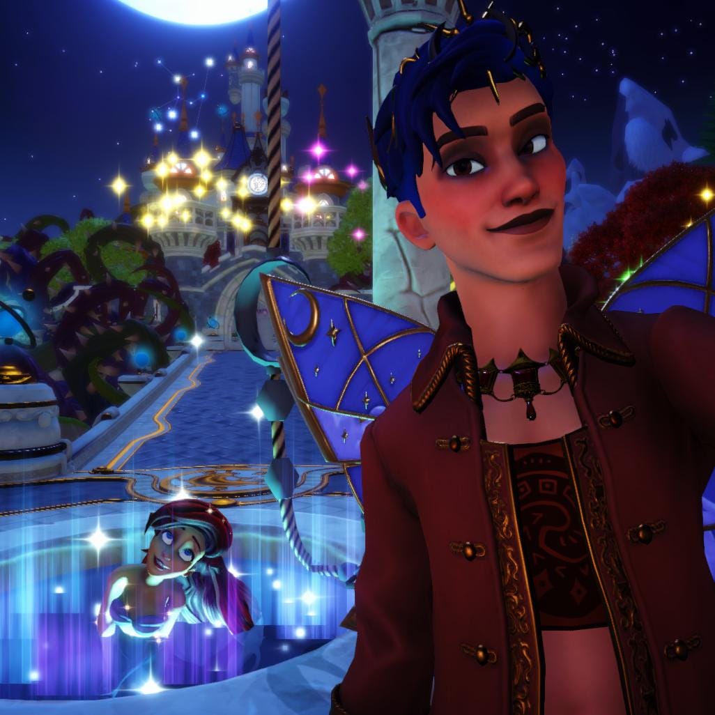A selfie of the player character and Ariel when she first comes to the Valley. Ariel is swimming in the well. Her head is cocked to the side, her eyes are rolled up and she's smiling creepily. The light of the well reflects off her, making it look extra creepy.