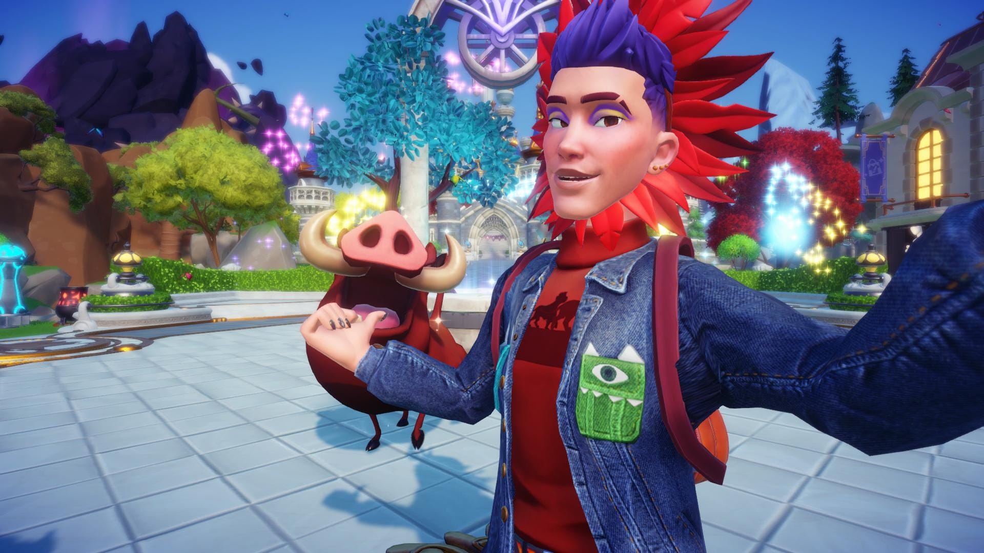 A selfie of the player character and Pumbaa when he first comes to the Valley. Pumbaa's mouth is opened wide and the player is pointing at it, looking like he wants to say 'Can you believe this?' and smiling.