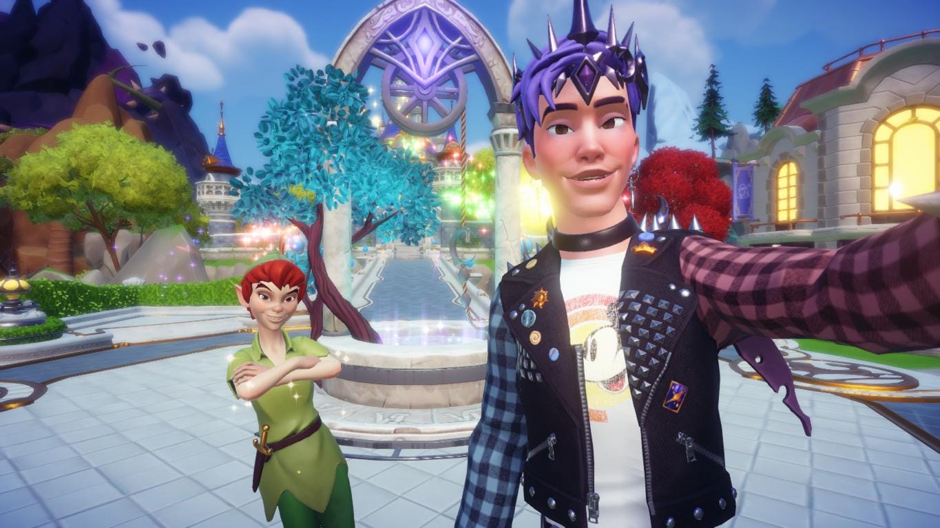 A selfie of the player character and Peter Pan when he first comes to the Valley. Peter has greyish skin, big pointy ears, rosy cheeks, arched brows, and a mischevious smile.