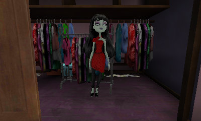 Girl with pale grey skin floating in a walk-in closet. She is wearing an asymmetrical red dress with black polka-dots, black tights, and black open-toe shoes. Her hair flows freely to her lower back and she has bangs.