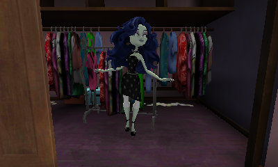 Girl with pale grey skin floating in a walk-in closet. She is wearing an asymmetrical black dress with a pattern of white shapes and black open-toe shoes. Her hair is blue, blown out, and reaches her lower-back.