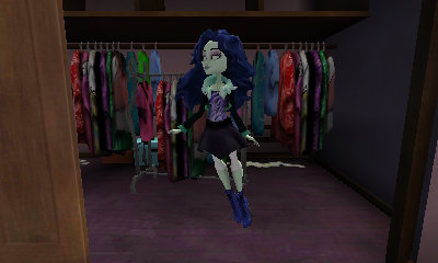 Girl with pale grey skin floating in a walk-in closet. She is wearing a light-purple top with black zebra pattern, a jacket with white fur collar and black sleeves, and a black flared-out skirt. She also has blue ankle boots. Her hair is blue, blown out, and reaches her lower-back.
