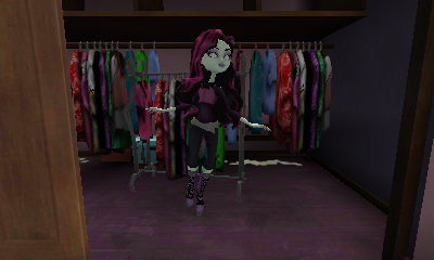 Girl with pale grey skin floating in a walk-in closet. She is wearing a purple long-sleeved top with a cropped purple vest over it. She is also wearing dark grey jeans with a light grey belt and purple ankle boots. Her hair is black with pink highlights and is flowing in waves to her lower back.