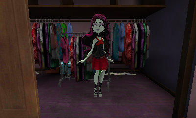 Girl with pale grey skin floating in a walk-in closet. She is wearing a black top with red straps which tie around her neck, a red skirt, and shoes with black straps which go up her ankle. Her hair is black with pink highlights and is flowing in waves to her lower back.