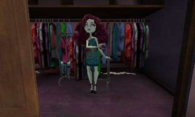 Girl with pale grey skin floating in a walk-in closet. She is wearing a blue dress with a gold spiderweb pattern and black open-toe shoes. Her hair is pink, blown out, and reaches her lower-back.