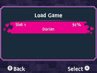 A game menu to load saves. The title reads 'Load Game'. The text on the save slot reads 'Slot 1' and '92%'. Beneath that, there's the name of the player. It reads 'Dorian'.