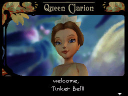 Queen Clarion. The text above her says her name. The text below her reads: 'welcome, Tinker Bell'.