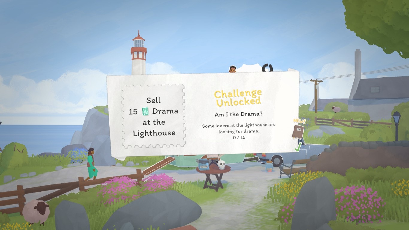 Textbox with the title 'Challenge Unlocked'. The bold text below it reads 'Am I the Drama?', which is a reference to Rupaul's Drag Race. The normal text below it reads: 'Some loners in the lighthouse are looking for drama. 0/15'. The description of the challenge says: 'Sell 15 Drama at the Lighthouse'.