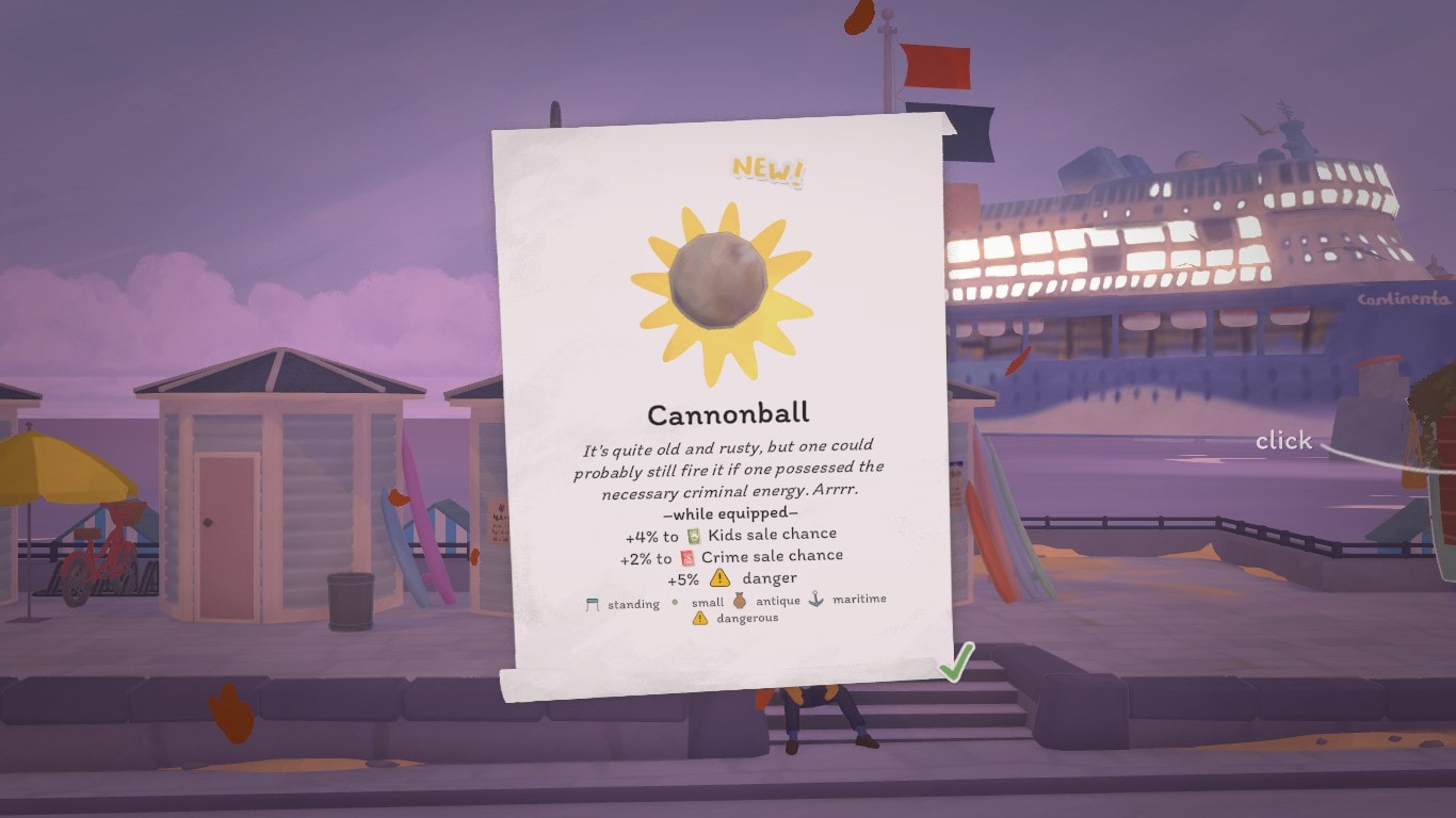 A piece of paper showing a newly-acquired cannonball item. The title below it reads: 'Cannonball'. Its description reads: 'It's quite old and rusty, but one could probably still fire it if one possessed the necessary criminal energy. Arrrr.'. Below it, the text shows which effects the cannonball has when equipped.