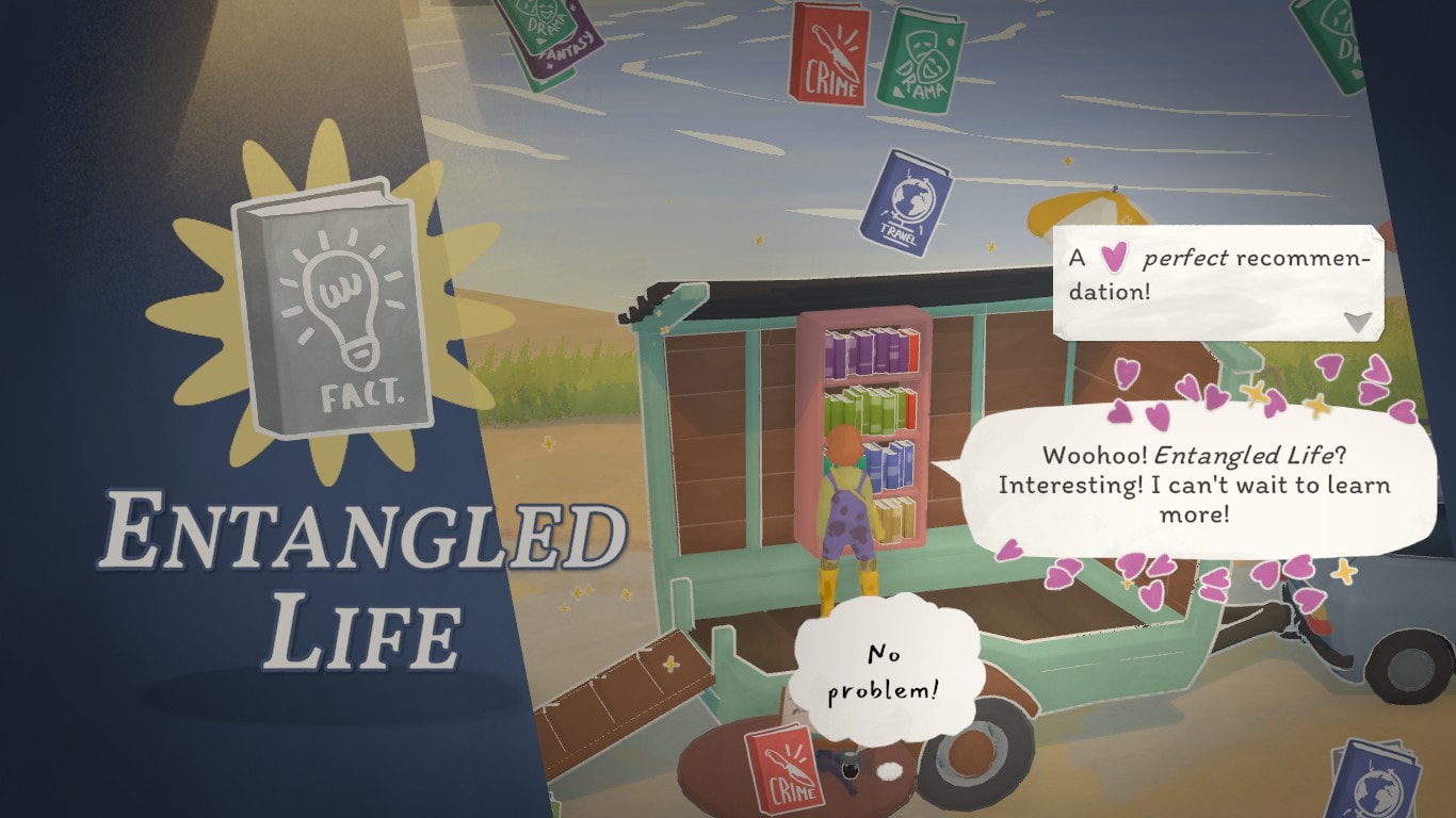 'Entangled Life' has been recommended. The text in Harper's speech bubble reads: 'Woohoo! Entangled Life? Interesting! I can't wait to learn more!' The tooltip above it says: 'A perfect recommendation!'.