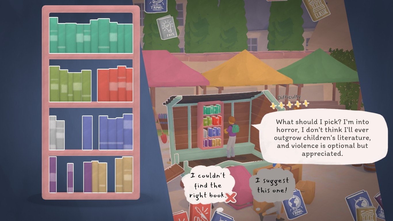 A person standing in front of a bookshelf, trying to pick a book. The text in their speech bubble reads: 'What should I pick? I'm into horror, I don't think I'll ever outgrow children's literature, and violance is optional but appreciated.'.