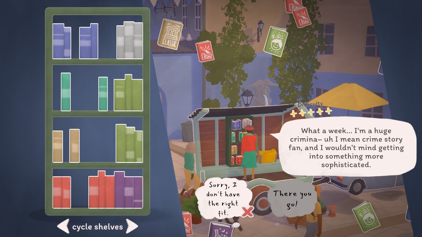 A person standing in front of a bookshelf, trying to pick a book. The text in their speech bubble reads: 'What a week... I'm a huge crimina- uh, I mean crime story fan, and I wouldn't mind getting into something more sophisticated.'.