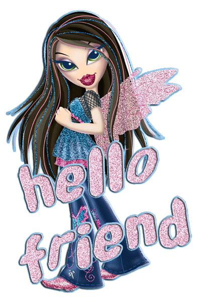 Art of a brunette Bratz character with glittery blue streaks in her hair and pink glittery lipstick. She's wearing a frilly glittery blue babydoll dress with a pink belt and skirt, as well as blue bellbottom jeans and pink glittery boots. She has pink glittery wings. The glittery parts are animated to sparkle. The text across the image says 'Hello friend'.