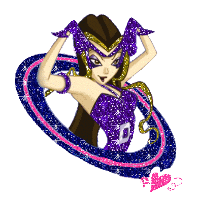 An image of Darcy from Winx Club which is animated to sparkle. She is seen from the waist up, and is surrounded by a purple elipse with wraps around her and is tilted at a 45 degree angle. The elipse has a pink stripe in its middle and a matching pink heart carved into its edge. Darcy has both of her arms up and is forming piece signs around her eyes. Her gloves, bracelet, outfit, and the elipse around her are covered in white sparkles and animated.