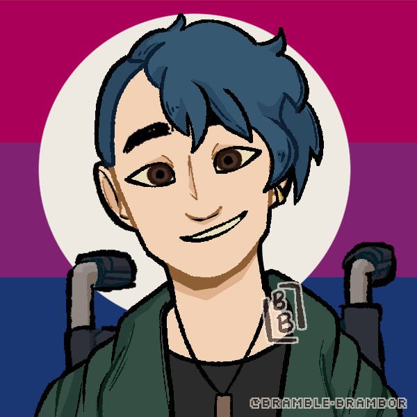 An drawing of a boy with short blue hair, shaven on the sides, with his bangs reaching down to his brow bone. He has brown eyes and a single golden piercing in his left ear, is wearing a black t-shirt under a green jacket and is sitting in a black wheelchair, smiling. He is shown chest up on a background consisting of a bisexual flag and a white circle where his head is.