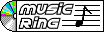 A white texbox- On it is a white text with a thin black outline, saying 'music ring'. To the right of the text are five horizontal black lines and a black music note going across them, mimicing a music sheet. A spinning grey CD disc is peaking out of the left edge of the text box. On it are green, pink, dark blue, and cyan light reflections. 