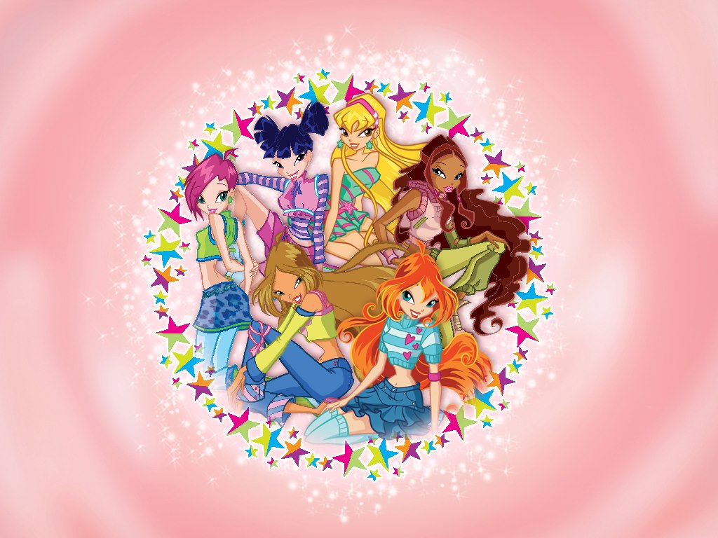 Members of Winx Club; Bloom, Stella, Flora, Aisha, Musa, and Tecna, sitting around in a circle of sparkles and stars on a peach-coloured background.
