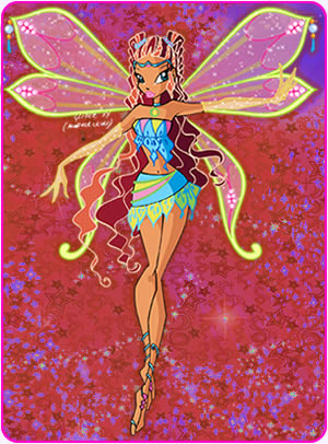 Drawing of Aisha in her Enchantix form. The background is made up of tiny red stars and purple sparkles.