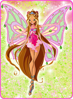Drawing of Flora in her Enchantix form. The background is made up of tiny green stars and pink sparkles.