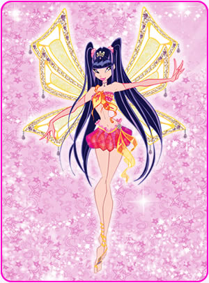 Drawing of Musa in her Enchantix form. The background is made up of tiny pink stars and white sparkles.
