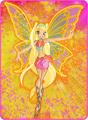 Drawing of Stella in her Enchantix form. The background is yellow with orange rays and pink sparkles.