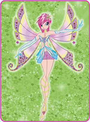 Drawing of Tecna in her Enchantix form. The background is green with green stars and white sparkles.